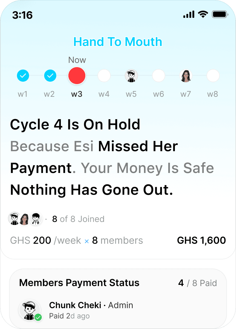 Somu app showing Cycle 4 on hold because a member missed payment — members payment status list