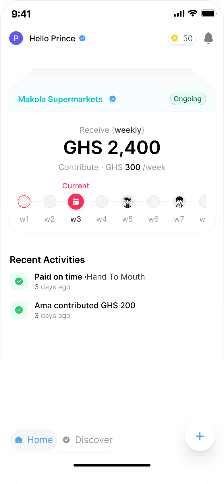 Somu app home screen — Hello Prince, Makola Supermarkets group receiving GHS 2,400 weekly